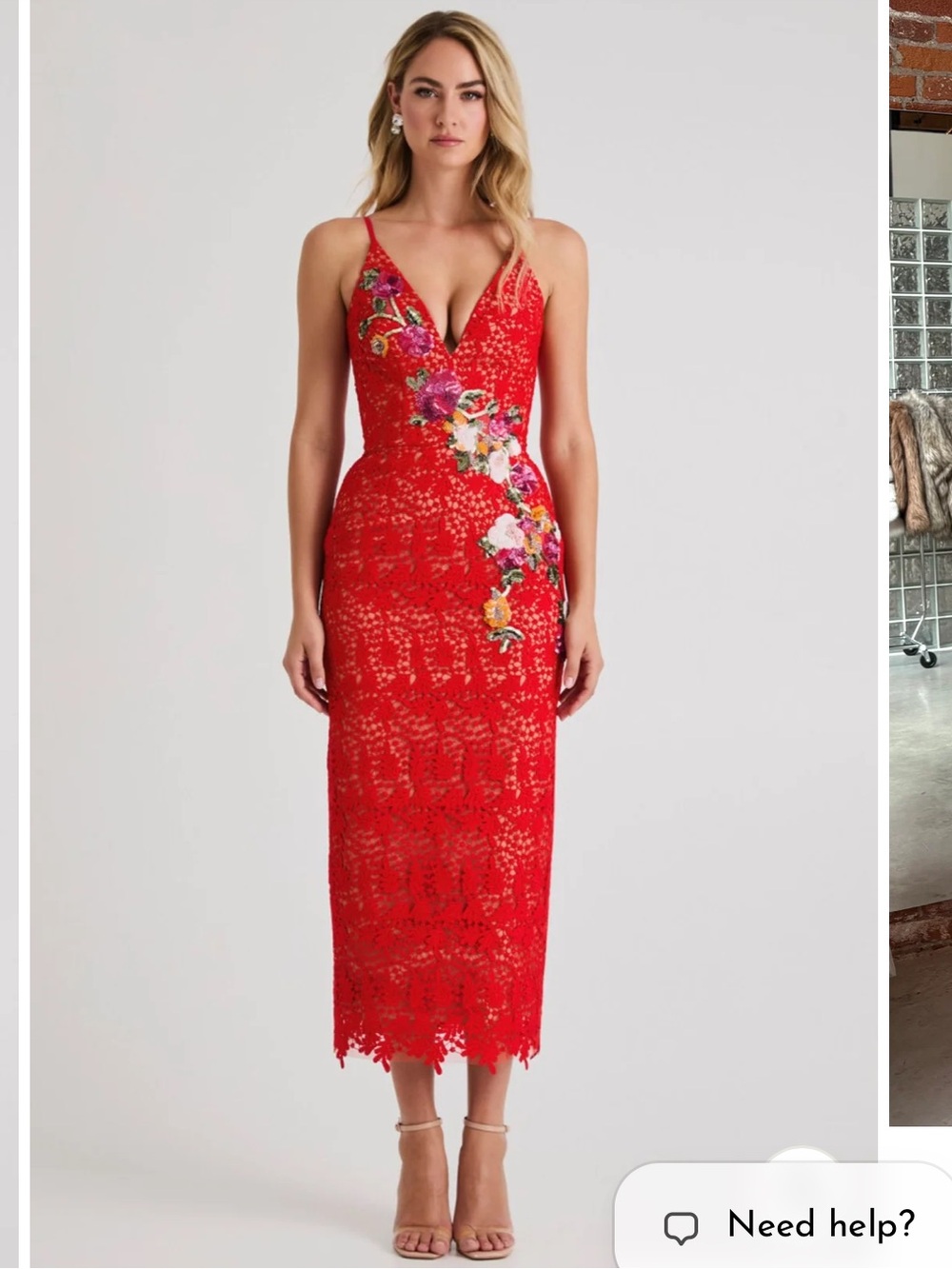 helsi martine red lace deep v-neck 3d floral applique midi dress size XS NEW